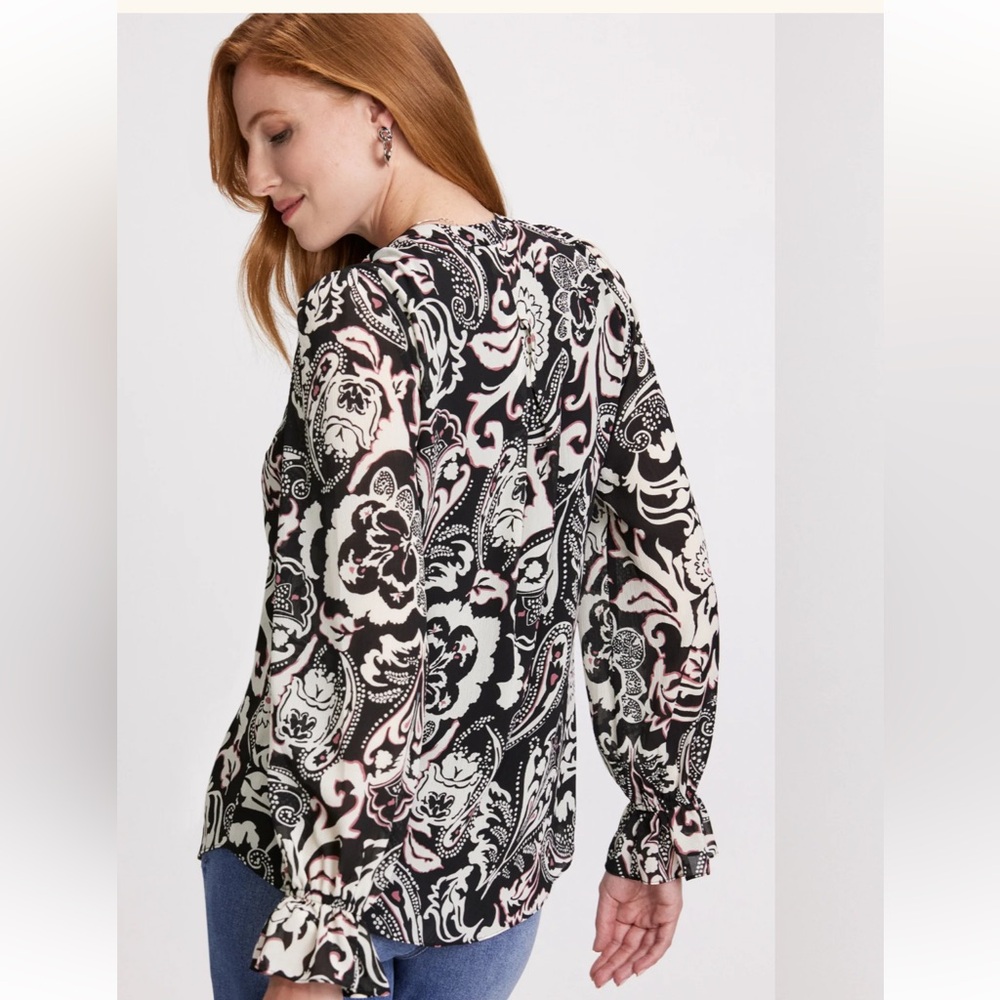 Laura Paisley Print Ruffle Front Blouse Black White Pattern - Picture 5 of 13
